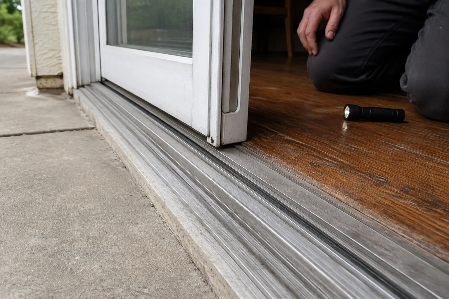 Close view of a sliding patio door track and threshold.